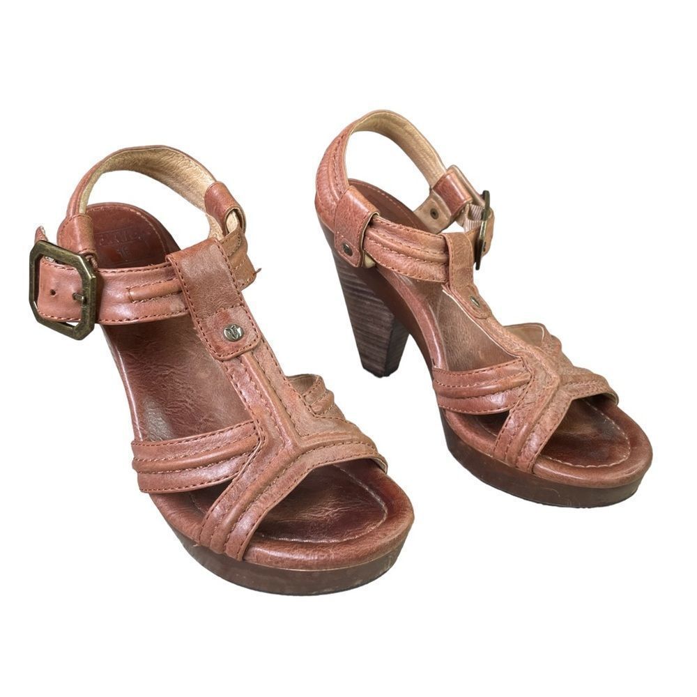 Frye Sage Trapunto Brown Leather and Wood Heeled Sandals Size 8.5 M